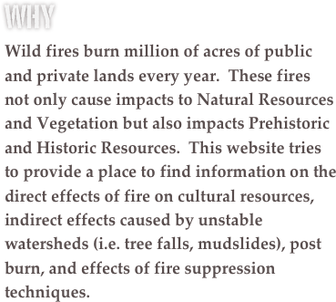Why
Wild fires burn million of acres of public and private lands every year.  These fires not only cause impacts to Natural Resources and Vegetation but also impacts Prehistoric and Historic Resources.  This website tries to provide a place to find information on the direct effects of fire on cultural resources, indirect effects caused by unstable watersheds (i.e. tree falls, mudslides), post burn, and effects of fire suppression techniques.